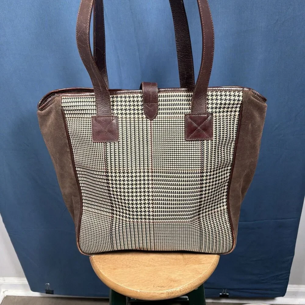 Vintage Lauren Ralph Lauren Brown Leather Suede Houndstooth Tote Shoulder Bag - Picture 5 of 11